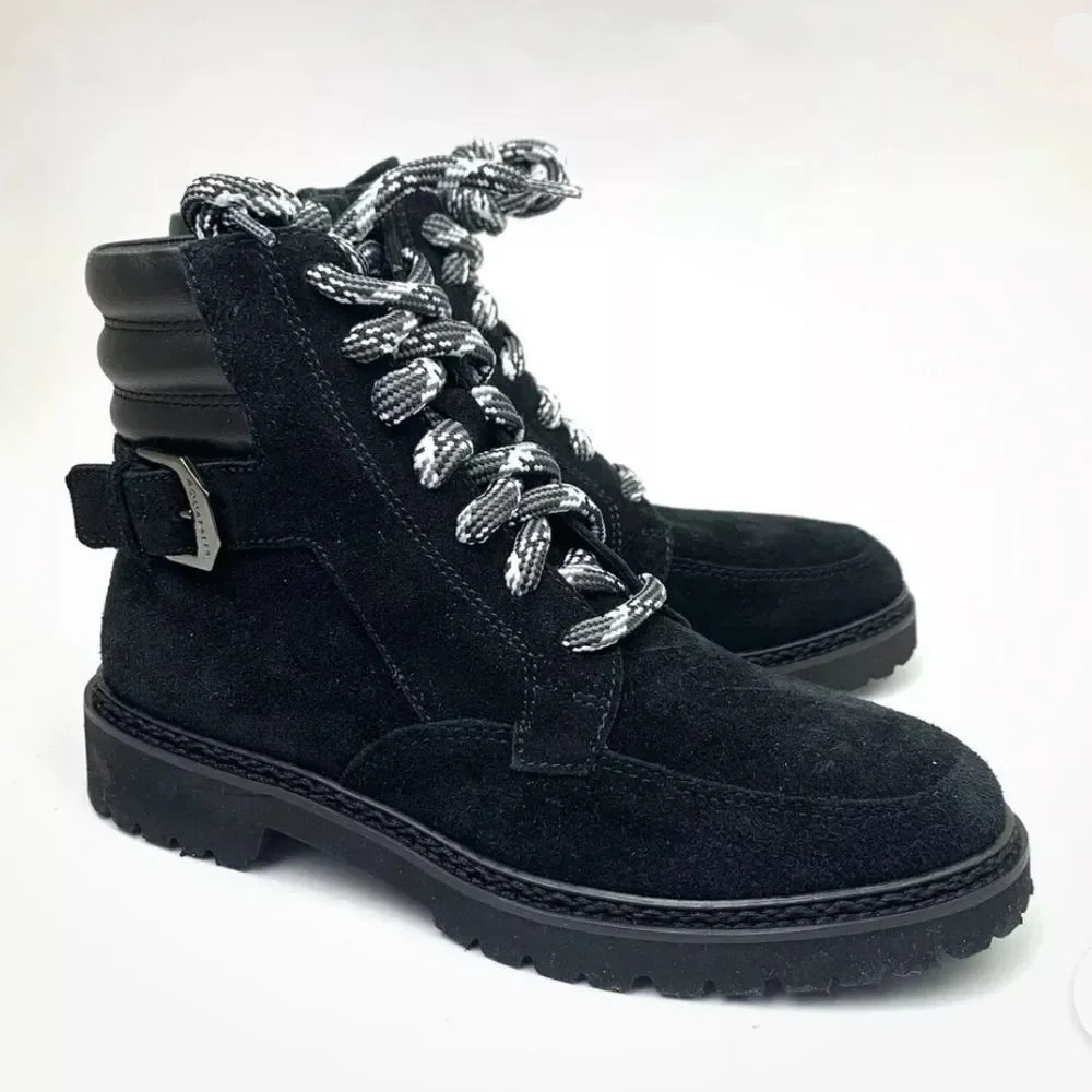 Aquatalia Mayra Weatherproof Lace Up Black Suede Side Zipper Boot size 8 M